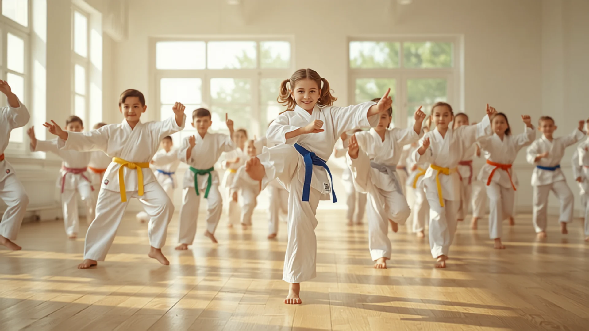 Kids karate classes in Troy MI - children practicing kicks together