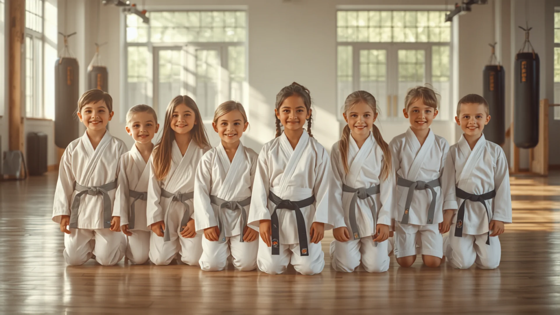 Happy kids karate group smiling after class at Troy Kids Karate